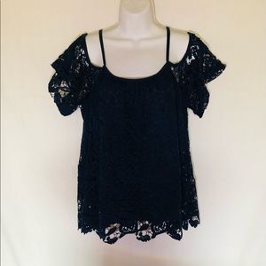 Navy blue lace cold-shoulder top blouse with cotton lining.